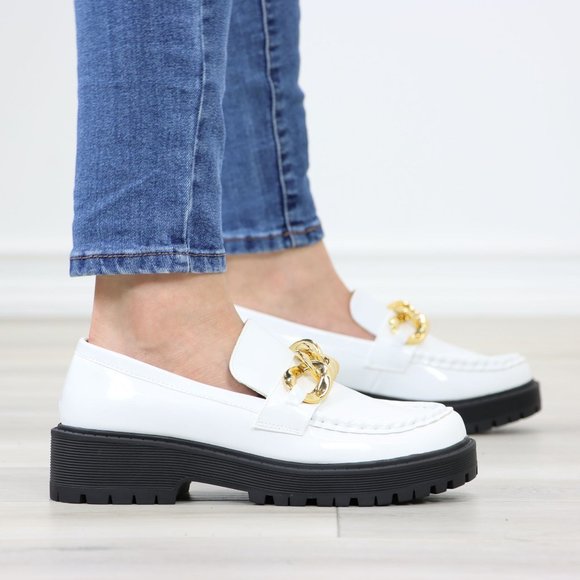 White Patent Chunky Lug Sole Slip On Penny Loafers Platform With Gold Chain - Picture 4 of 16